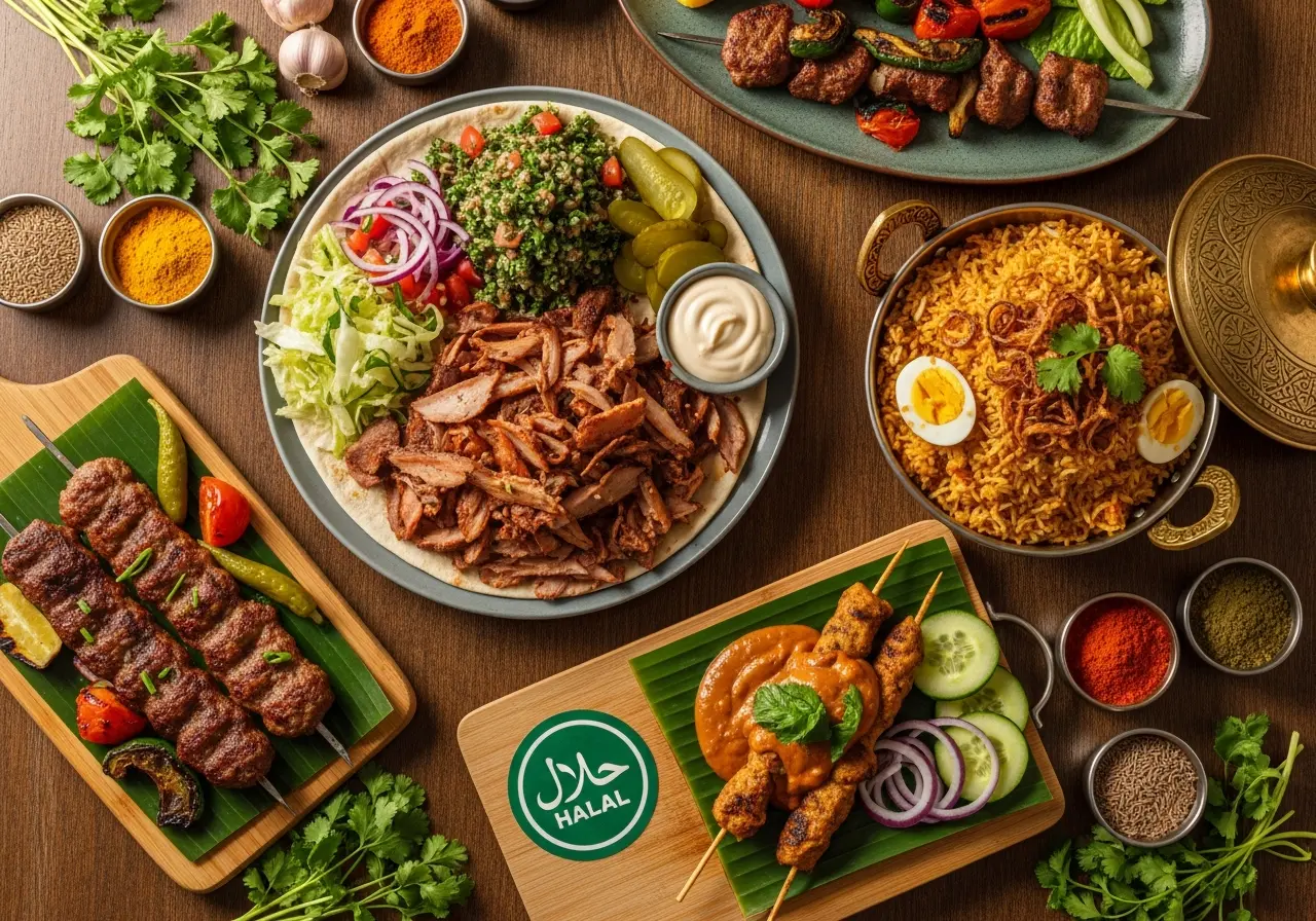 Complete halal food guide showing diverse halal dishes including biryani, shawarma, kebabs with halal certification symbol