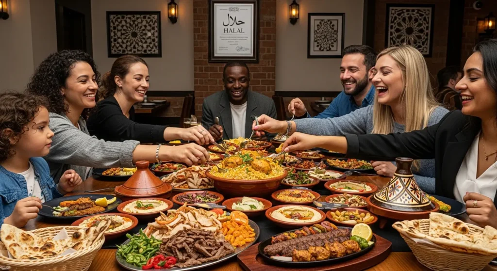Diverse diners enjoying authentic halal dishes at certified halal restaurant with multiple cuisines on table
