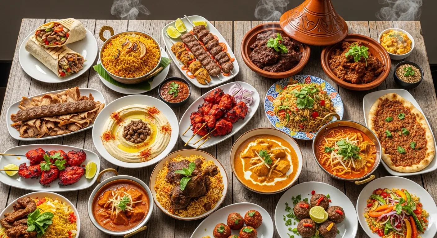 op 20 halal dishes from around the world including shawarma, biryani, rendang, kebabs, tagine and satay